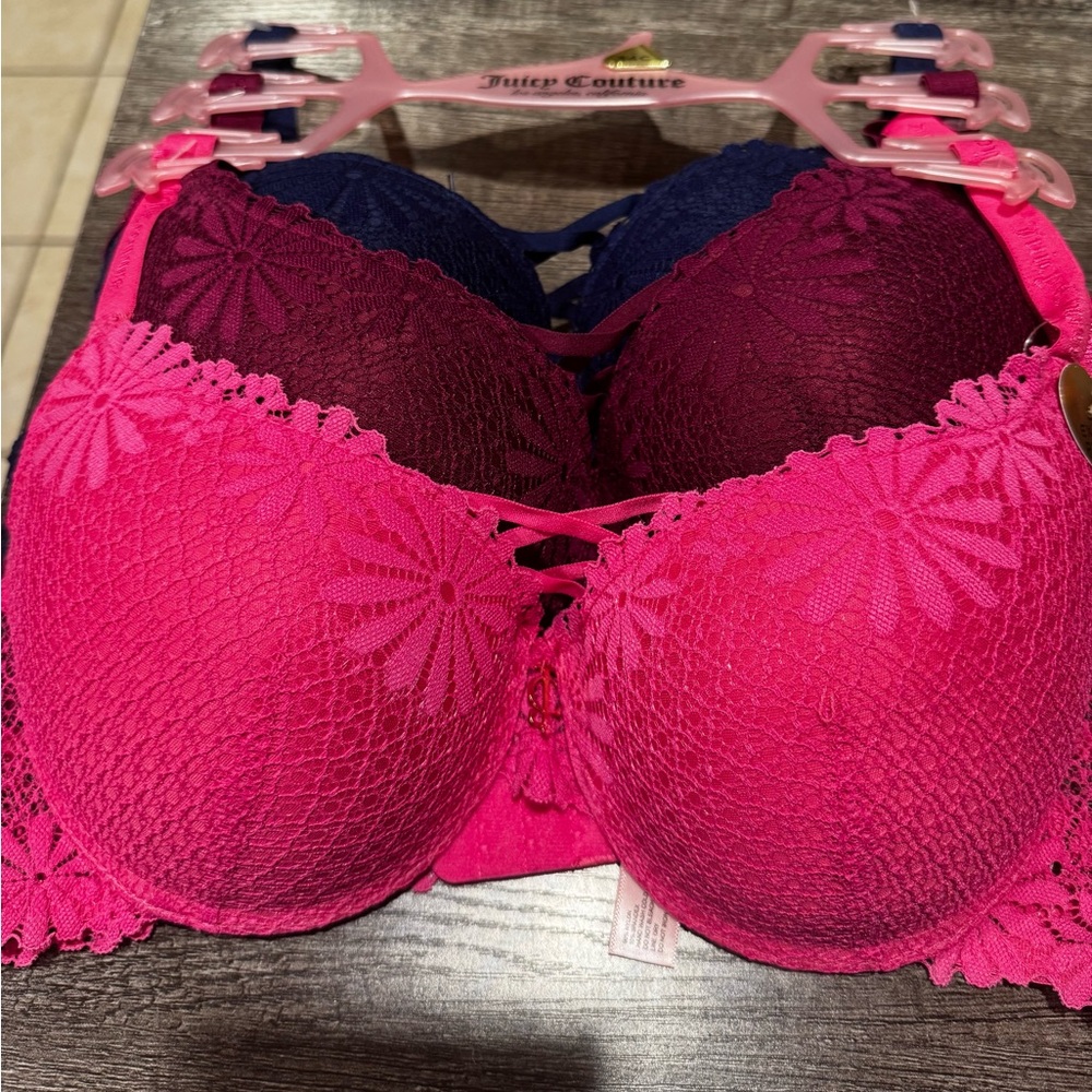Juicy Couture Vibrant Underwire Lace Bra Trio - Fuchsia, Navy, Plum